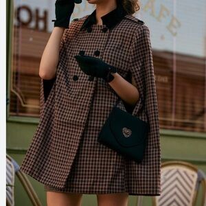 NWT RIHOAS Cape Coat Black/Brown/Tan/Pink Plaid sz M